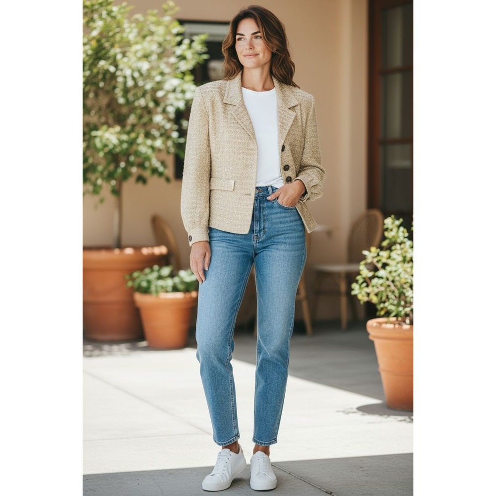 Ann May 100% Woven Silk Jacket Sz M Blazer Beige Cropped Lightweight Vintage‎